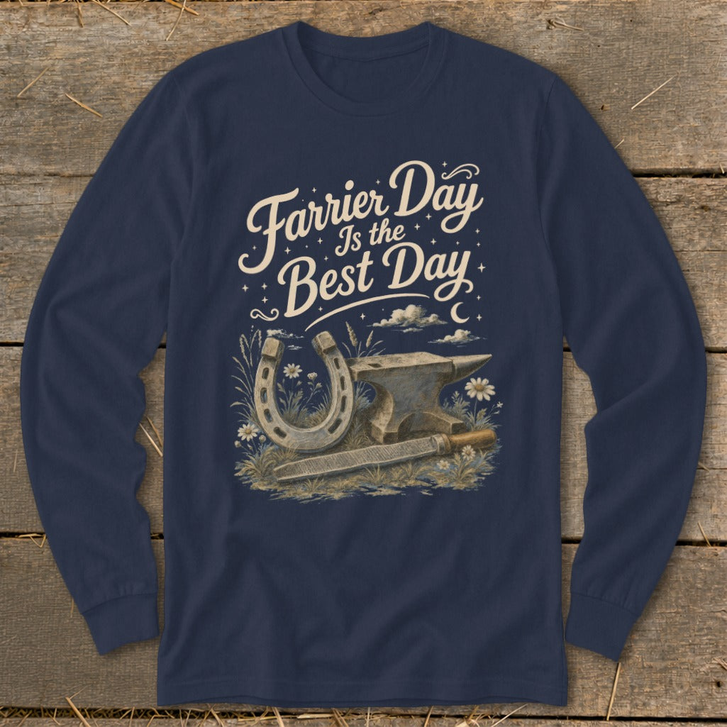 Navy long sleeve shirt with "Farrier Day Is the Best Day" text and horseshoe, anvil, and rasp.