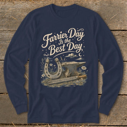 Navy long sleeve shirt with "Farrier Day Is the Best Day" text and horseshoe, anvil, and rasp.