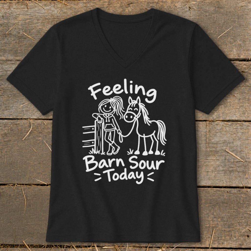 Black t-shirt with white cartoon of girl and horse, text reads "Feeling Barn Sour Today".