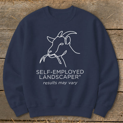 Navy sweatshirt with white line drawing of a goat and text "SELF-EMPLOYED LANDSCAPER* results may vary".