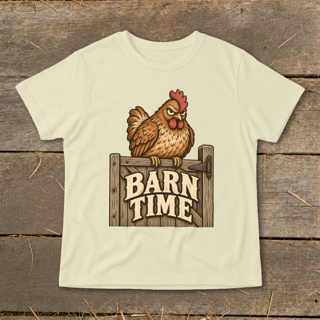 T-shirt with cartoon chicken on a wooden fence gate with "BARN TIME" text.
