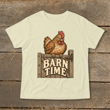 T-shirt with cartoon chicken on a wooden fence gate with "BARN TIME" text.