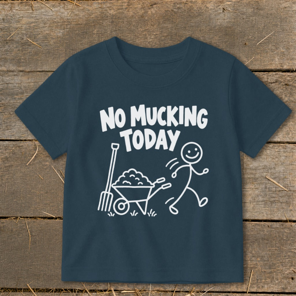 Dark blue t-shirt with "NO MUCKING TODAY" text and stick figure graphics.