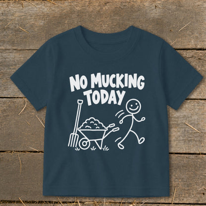Dark blue t-shirt with "NO MUCKING TODAY" text and stick figure graphics.
