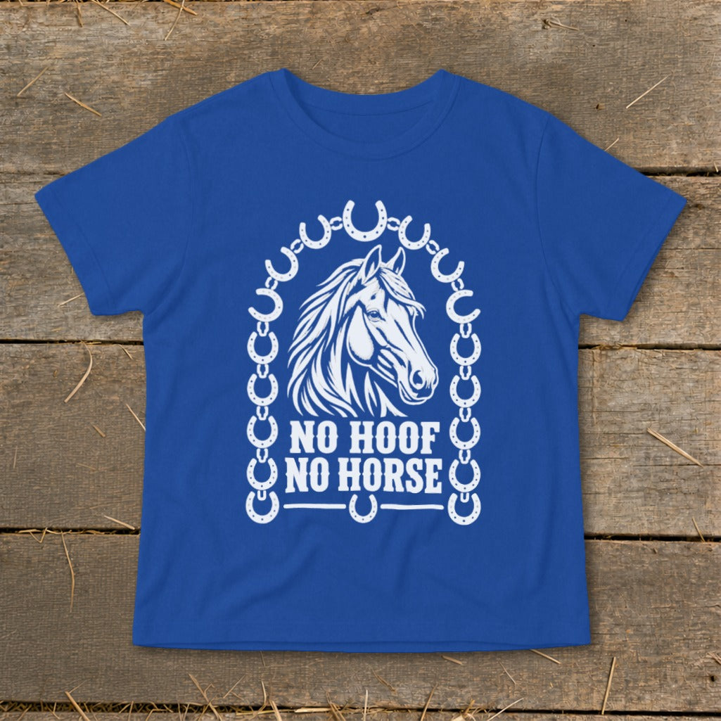 Blue t-shirt with white horse head and horseshoe design, text "NO HOOF NO HORSE".