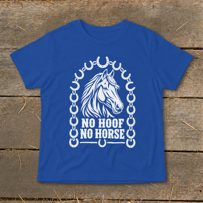Blue t-shirt with white horse head and horseshoe design, text "NO HOOF NO HORSE".