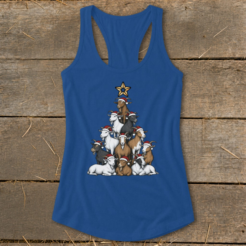Blue tank top with a Christmas tree made of goats wearing Santa hats.