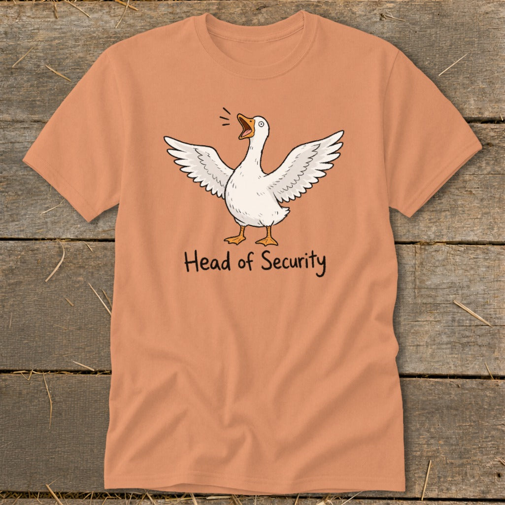 Peach t-shirt with cartoon goose and text "Head of Security".