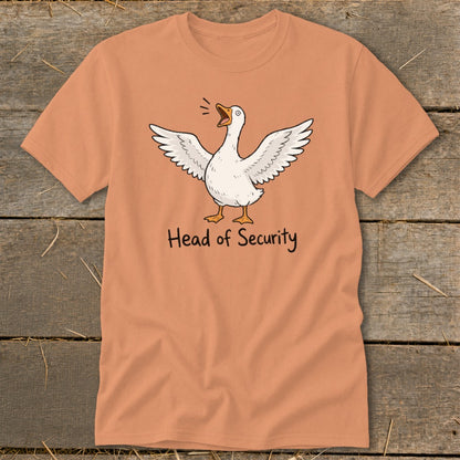 Peach t-shirt with cartoon goose and text "Head of Security".