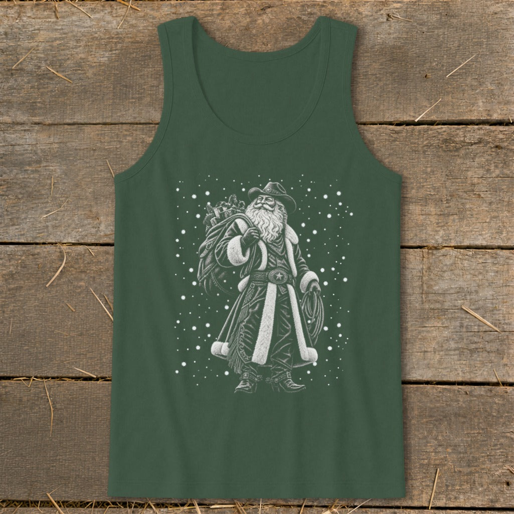 Tank top with a cowboy Santa Claus graphic and falling snow.