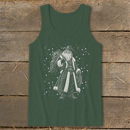 Tank top with a cowboy Santa Claus graphic and falling snow.