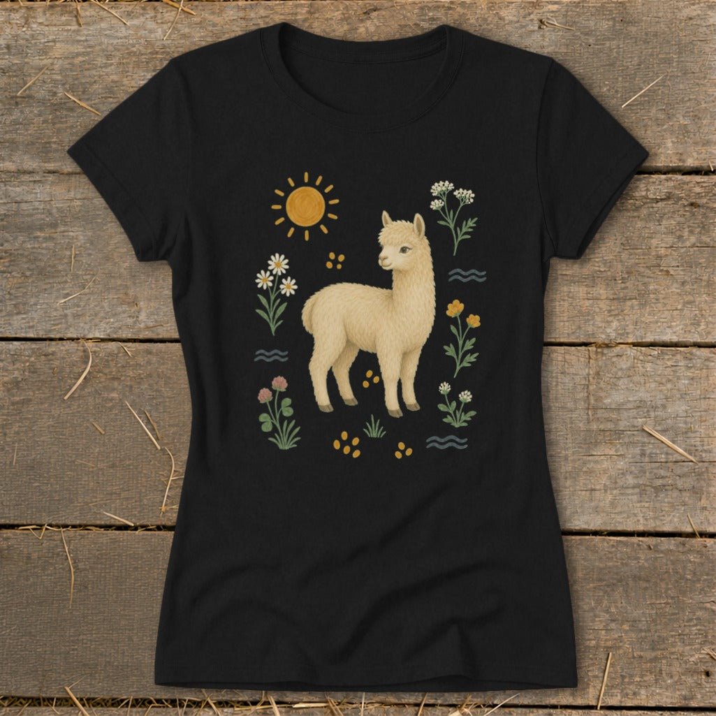 Black t-shirt with a cream alpaca illustration surrounded by flowers and sun.