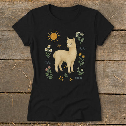 Black t-shirt with a cream alpaca illustration surrounded by flowers and sun.