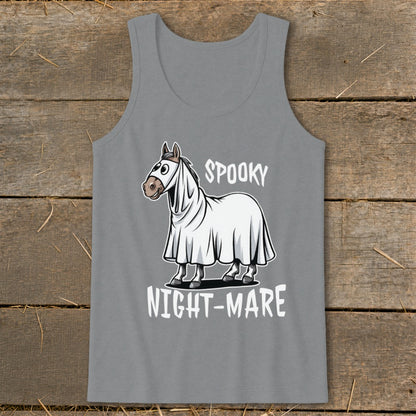Grey tank top with a cartoon horse wearing a ghost costume and text "SPOOKY NIGHT-MARE".