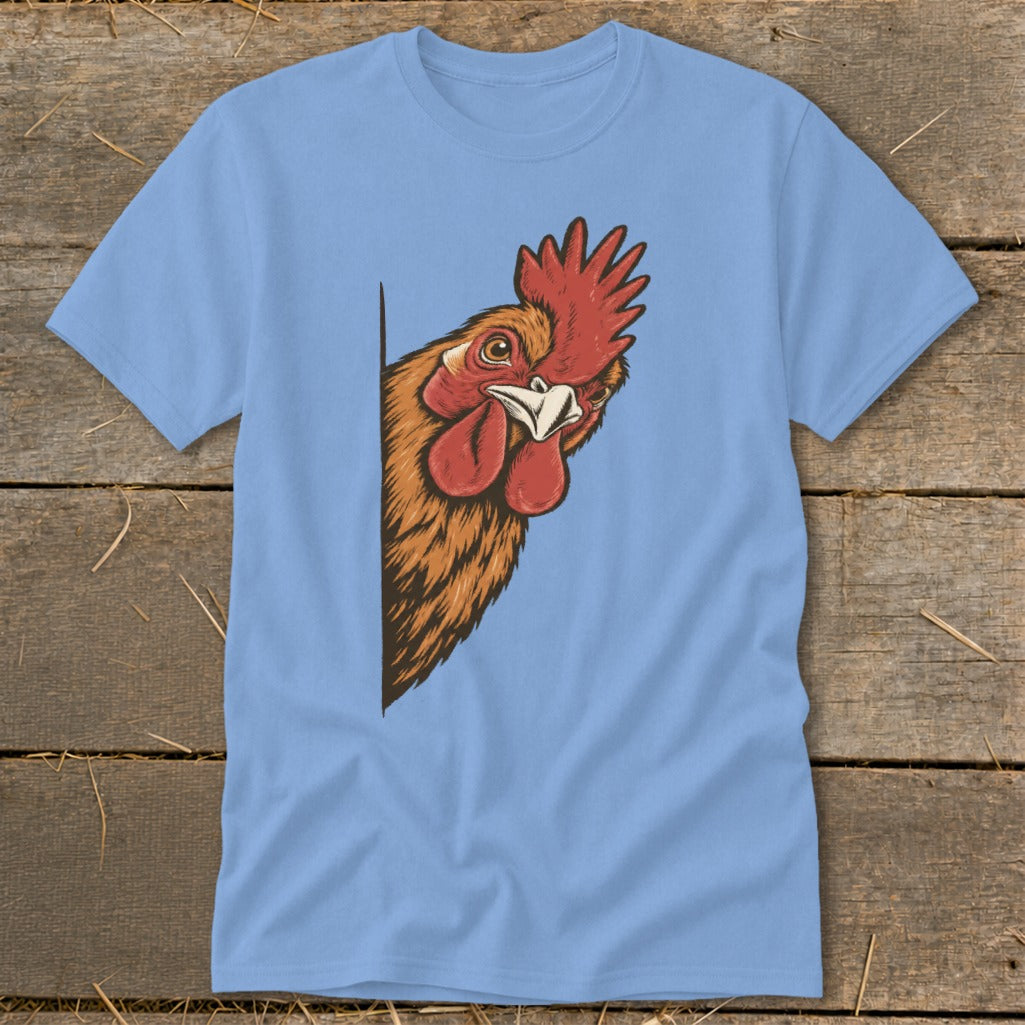 Light blue t-shirt with a cartoon chicken peeking from the left edge.