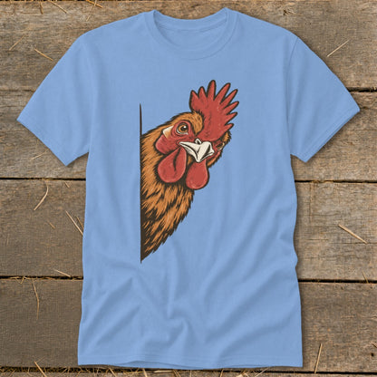 Light blue t-shirt with a cartoon chicken peeking from the left edge.