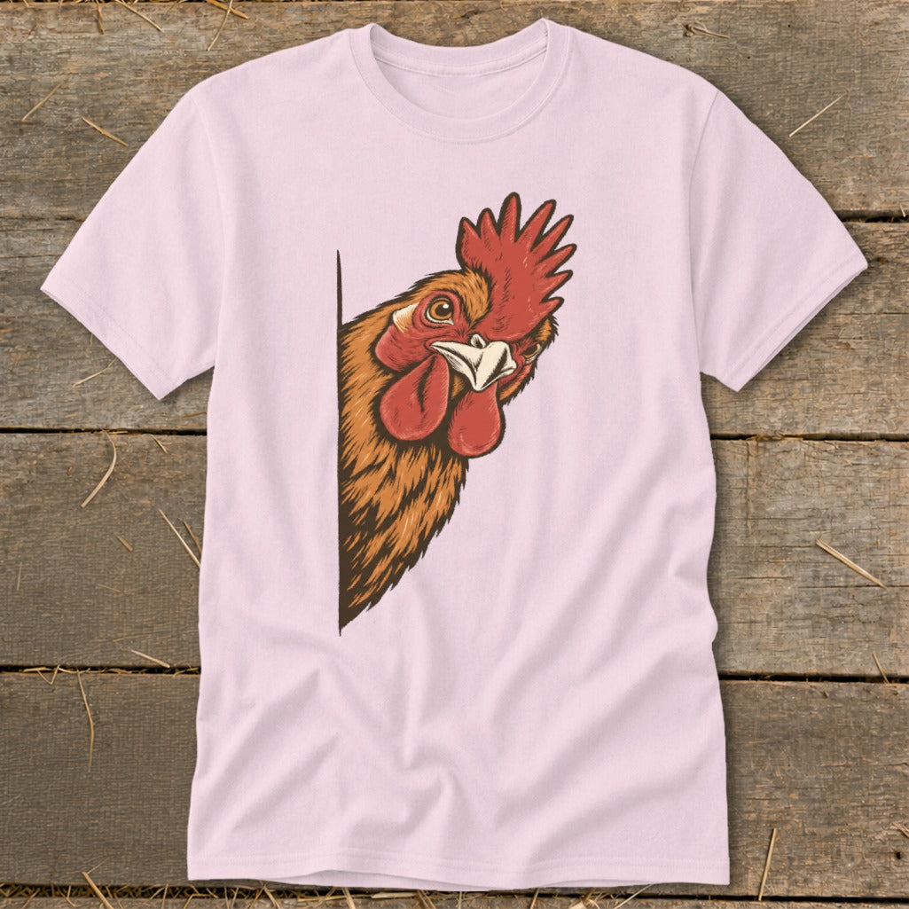 Pink t-shirt with a cartoon rooster peeking from the side.