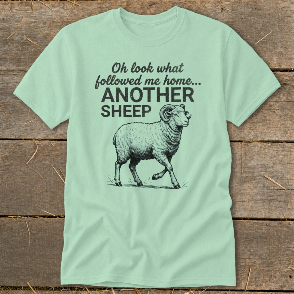 Light green t-shirt with black text "Oh look what followed me home... ANOTHER SHEEP" and a drawing of a sheep.