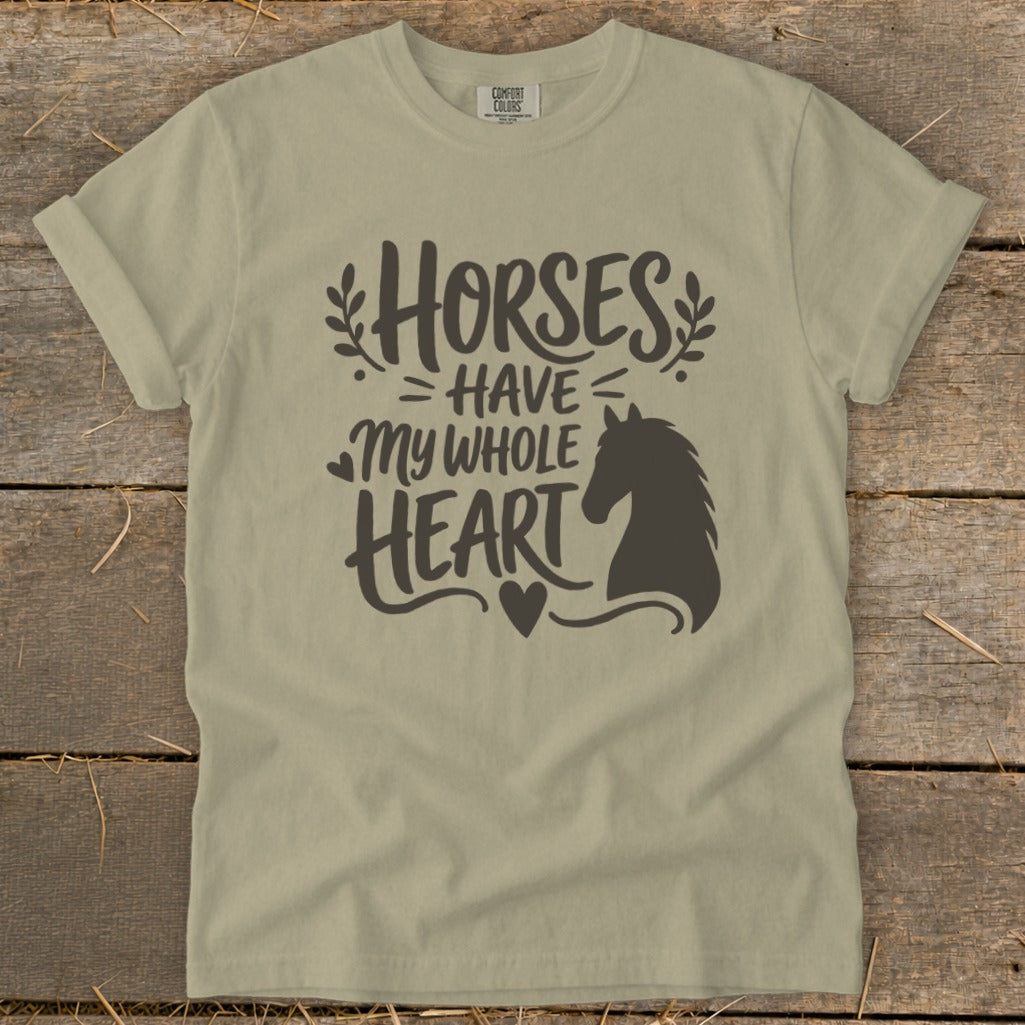 Tan t-shirt with "Horses Have My Whole Heart" text and horse silhouette.