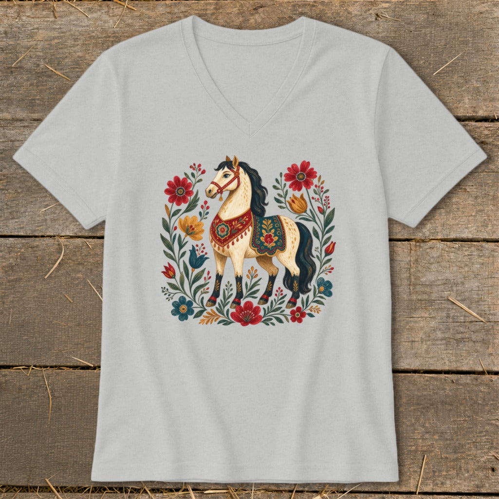 Light gray v-neck t-shirt with a white horse in a floral wreath design.