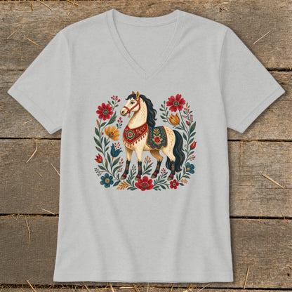 Light gray v-neck t-shirt with a white horse in a floral wreath design.