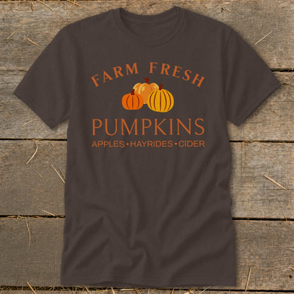 Brown t-shirt with "Farm Fresh Pumpkins" and "Apples Hayrides Cider" text.