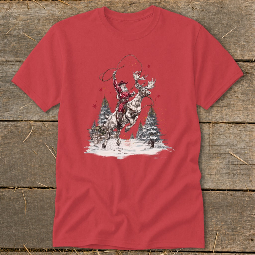 Santa Claus on a reindeer with a lasso in a snowy landscape with pine trees.