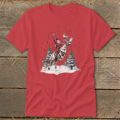 Santa Claus on a reindeer with a lasso in a snowy landscape with pine trees.