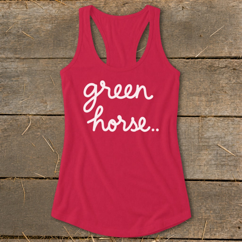 Pink racerback tank top with white cursive text "green horse..".