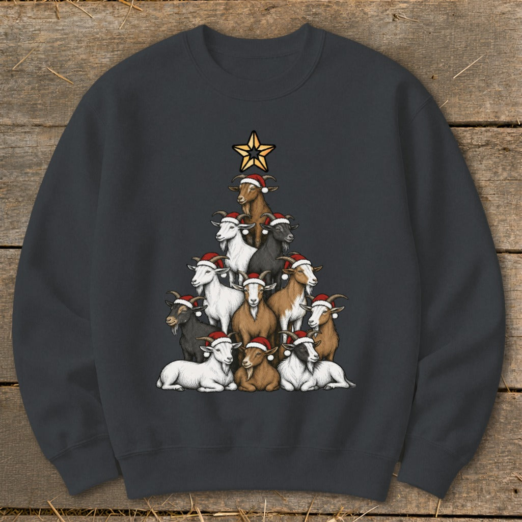 Christmas tree made of goats wearing Santa hats, topped with a star.