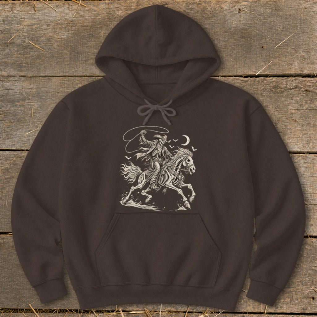 Brown hoodie with skeleton cowboy riding a skeleton horse and swinging a lasso.
