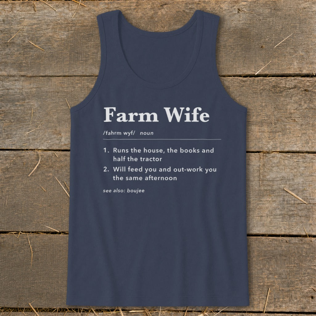 Navy tank top with "Farm Wife" definition and humorous descriptions.