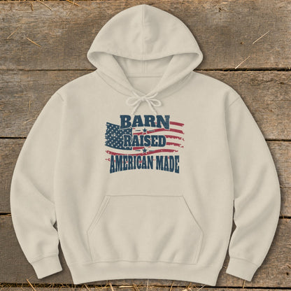 Cream hoodie with American flag graphic and text "Barn Raised American Made".