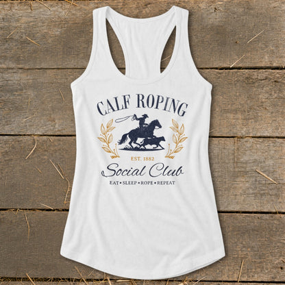 White tank top with "Calf Roping Social Club" design, featuring a cowboy on a horse.