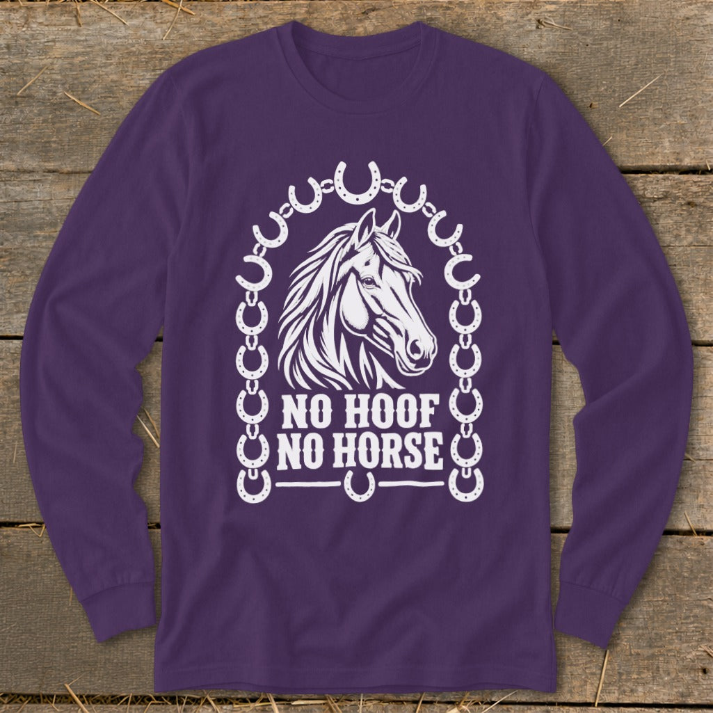 Purple long sleeve shirt with horse graphic and "No Hoof No Horse" text.
