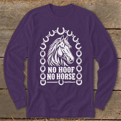 Purple long sleeve shirt with horse graphic and "No Hoof No Horse" text.