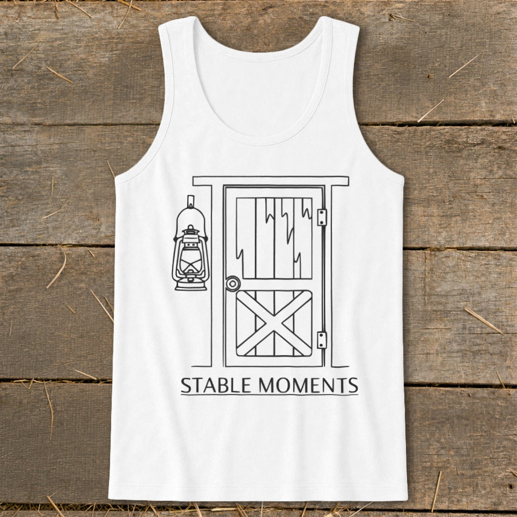 White tank top with a line drawing of a barn door and hanging lantern.