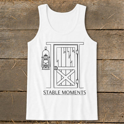 White tank top with a line drawing of a barn door and hanging lantern.