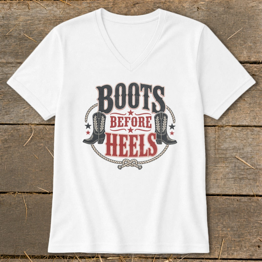 White v-neck t-shirt with "Boots Before Heels" text and cowboy boot graphics.