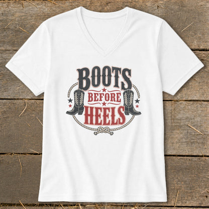 White v-neck t-shirt with "Boots Before Heels" text and cowboy boot graphics.
