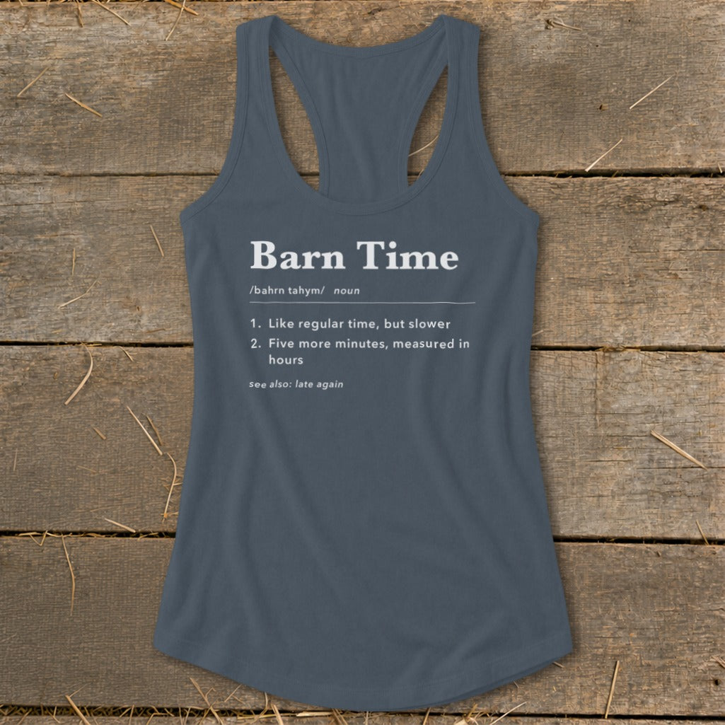 Blue tank top with "Barn Time" definition in white text.