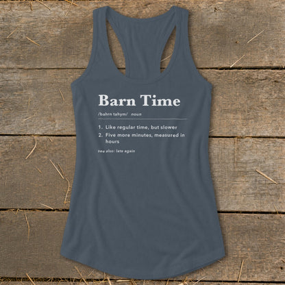 Blue tank top with "Barn Time" definition in white text.