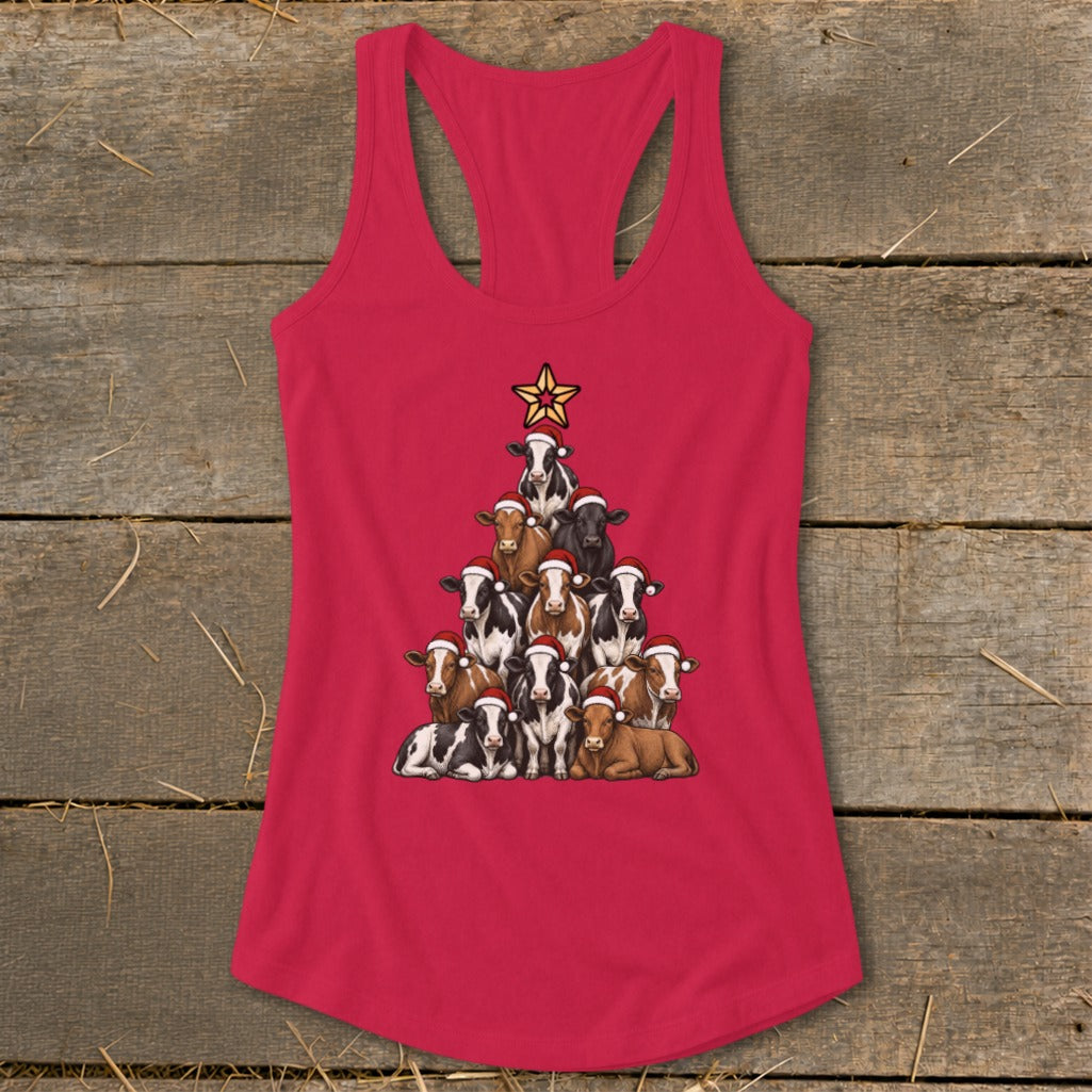 Red tank top with a Christmas tree made of cows wearing Santa hats.