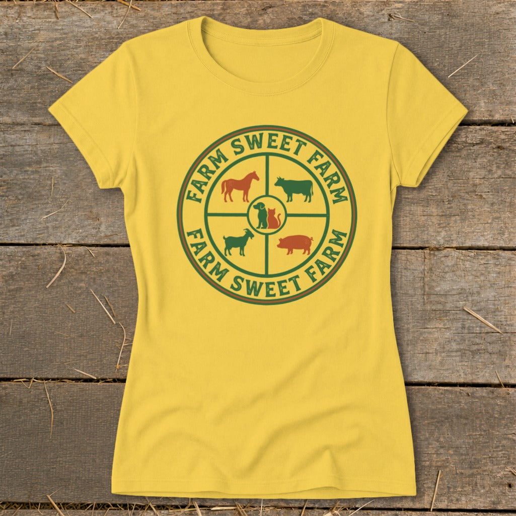 Yellow t-shirt with "Farm Sweet Farm" circular logo featuring farm animals.