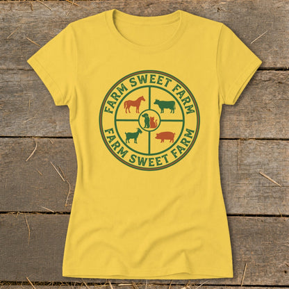 Yellow t-shirt with "Farm Sweet Farm" circular logo featuring farm animals.