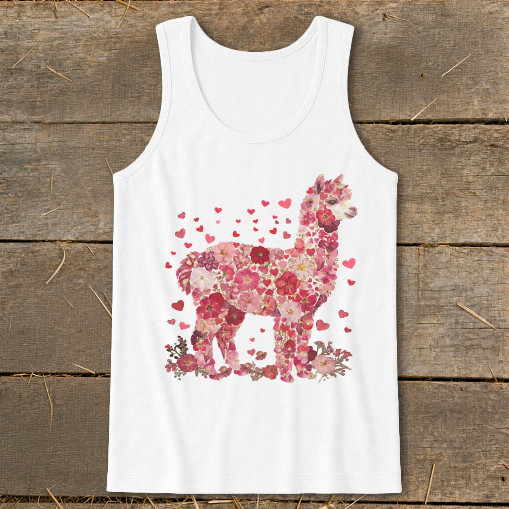 White tank top featuring a floral alpaca silhouette with red hearts.