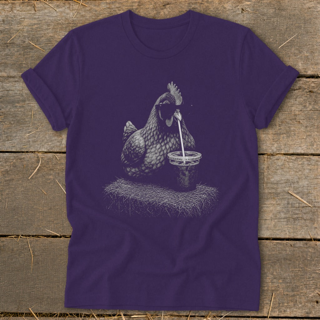 T-shirt with a chicken drinking a beverage through a straw.