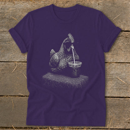 T-shirt with a chicken drinking a beverage through a straw.