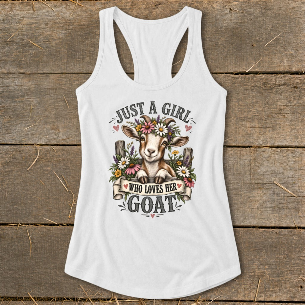 White tank top with a graphic of a goat wearing a flower crown and text.