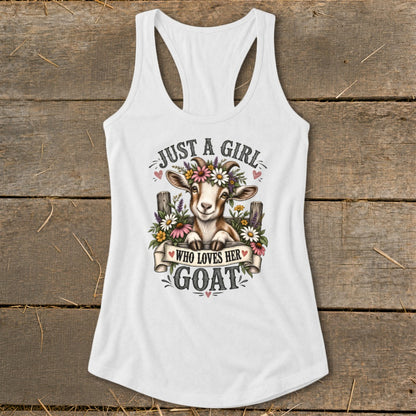 White tank top with a graphic of a goat wearing a flower crown and text.